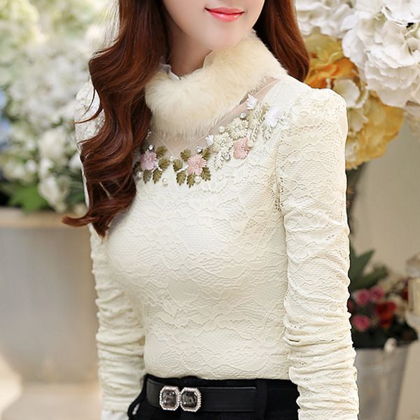 

autumn winter women plus velvet thick bottomed shirt female high necked lace long sleeved warm blouses plus size 3xl xxl, White