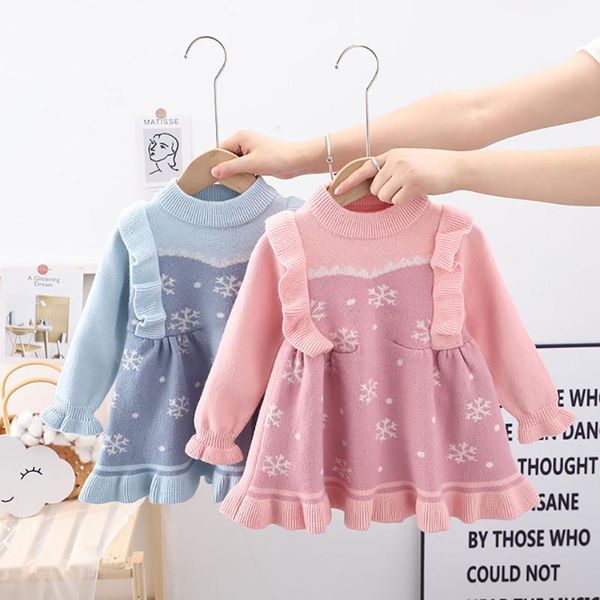 Mädchen Kleider Prinzessin Mädchen verdicken gestrickte Pullover Kleid für kleine Kinder süße Druck Schneeflocke blau rosa knielangen Baby Tuch