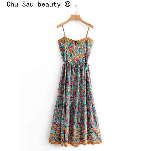 

chu sau beauty fashion vintage style rose floral print suspender midi dress women boho off shoulder dresses female 210508, Black;gray
