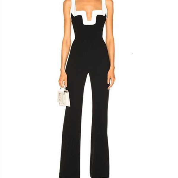

capris summer sleeveless v neck black women bandage jumpsuit celebrity designer fashion rompers, Black;white
