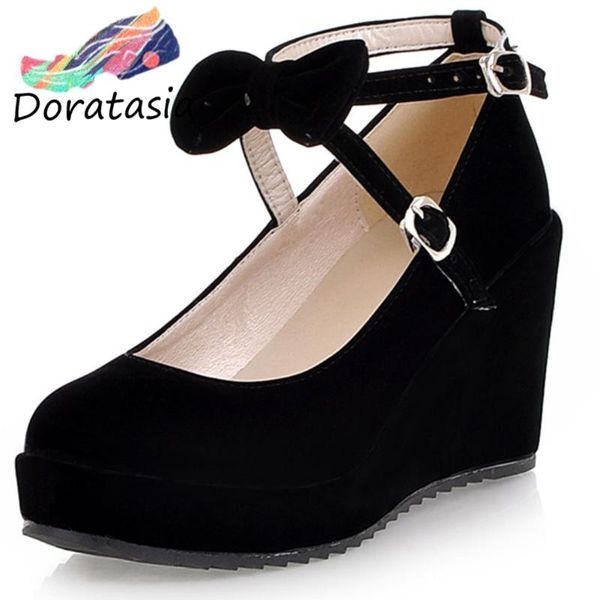 

arrival women solid buckle round toe platform shoes butterfly knot wedges casual pumps dress, Black