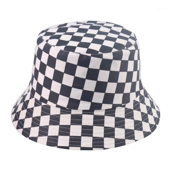 

beanie/skull caps 2021 harajuku wind black and white plaid fisherman hat female street all-match sun foldable summer basin1, Blue;gray