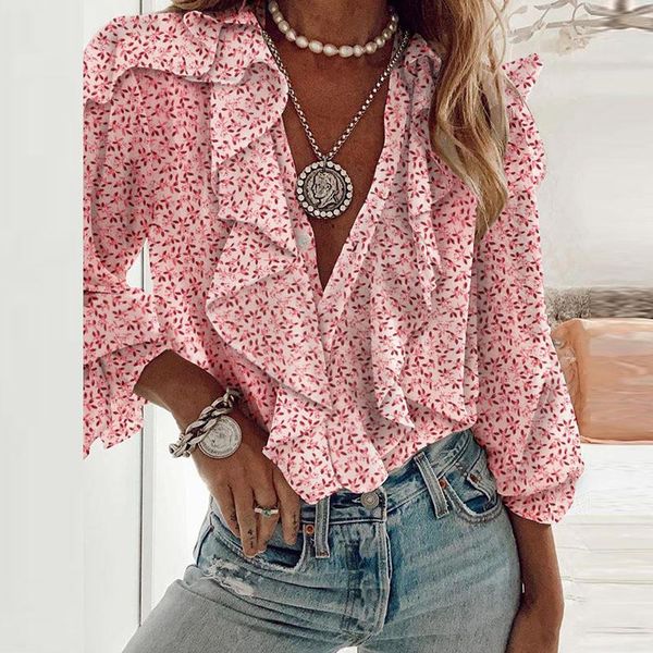 

women's blouses & shirts 4xl plus size women long sleeve ruffle patchwork sweet white pink printed shirt blouse chemise oversize femme