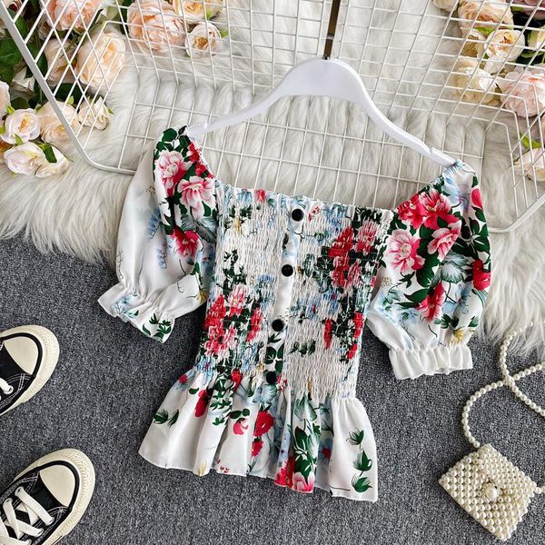 

square collar clavicle expose blouse women vintage print short sleeve slim fit blusas pleat ruffles design multicolor shirt women's blo, White