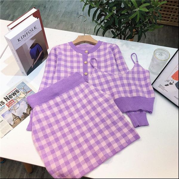 

spring autumn korean plaid 3 women tracksuits piece sets single breasted long sleeve sweater short strap two set skirt sweet, Gray