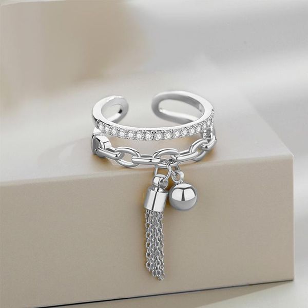 

cluster rings metal link chain tassel gold silver color ring zirconia with spike pendant charm finger women girl opening adjustable, Golden;silver