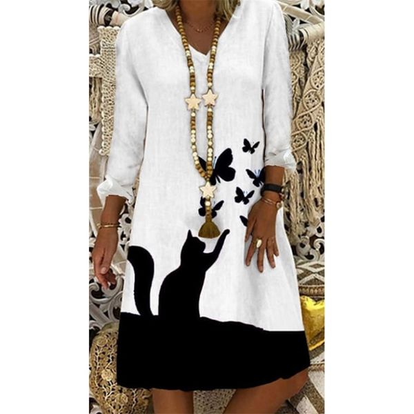 

2021 casual loose v-neck long sleeve printed dress for women, Black;white