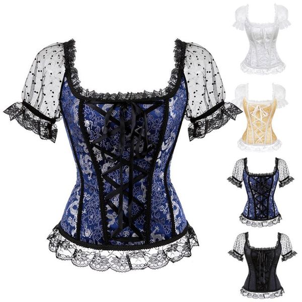 

waist support women underbust elegant square collar jacquard boned bustier crop shirt puff sleeve backless zipper shirts blouse, Black;gray