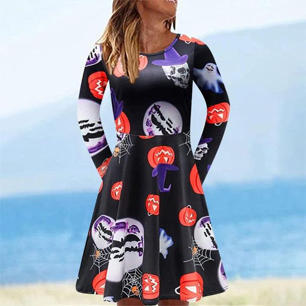 

casual dresses halloween printed women dress autumn long sleeve o neck holiday loose print vestidos de mujer 40#, Black;gray