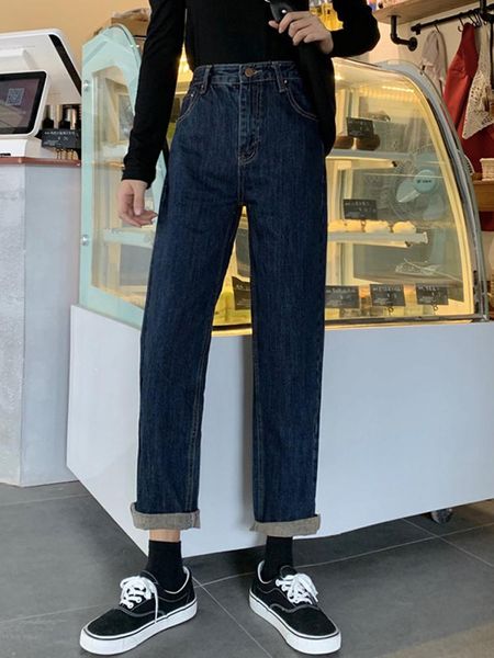 

women's jeans autumn 2021 loose straight wear high waist slim pants black dad hanging wide leg rac, Blue