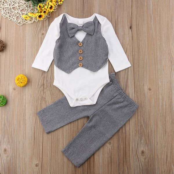 

long sleeve bowtie bodysuit and solid pant 2pcs set for baby boy clothes, White