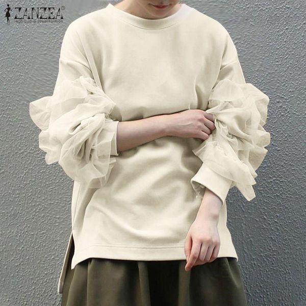 

women's hoodies & sweatshirts 2021 zanzea fashion women autumn long sleeve mesh patchwork casual loose oversize streetwear solid pullov, Black