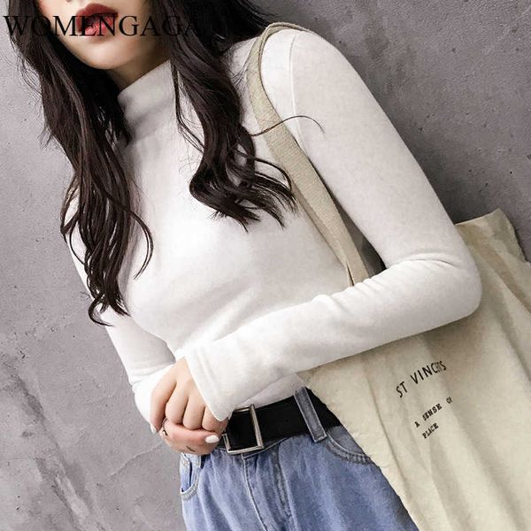 

full sleeve autumn winter t-shirt base women's solid color korean sturtleneck fashion cotton plus size qa5 210603, White