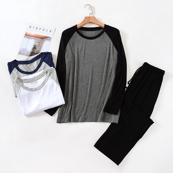 

spring and summer men's modal raglan splicing long sleeve trousers pajamas casual large size sports outerwear home suit, Gray