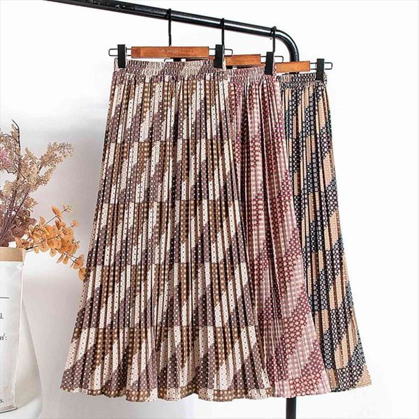 

printing spring summer a line women skirt fashion high waist midi chiffon pleated, Black