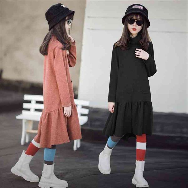 

early autumn and winter teenage girl dress girls turtleneck casual midi long warm children clothes elegant dress, 9266, Red;yellow
