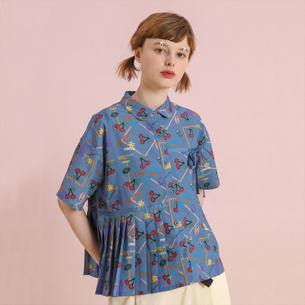 

loose sweet cute summer womens shirt design chiffon pleated hem bow tie teenage girls shirts cartoon print, White