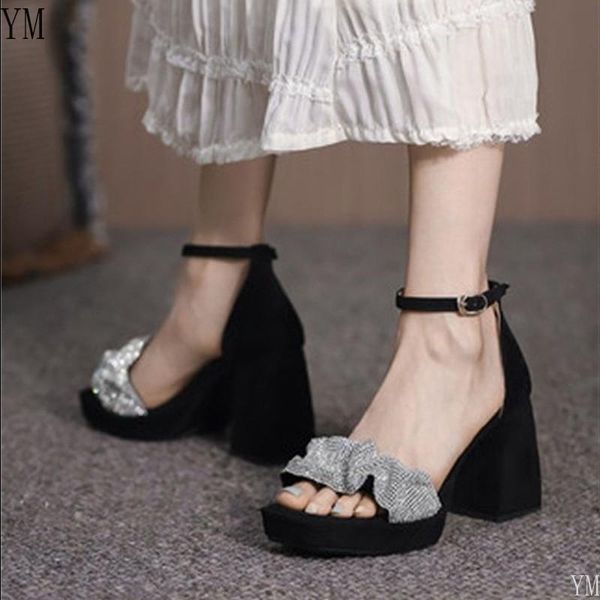

sandals 2021 high heel sandal for women summer buckle strap pleated bling fashion zapatos chunky heels platform de mujer jelly shoes, Black