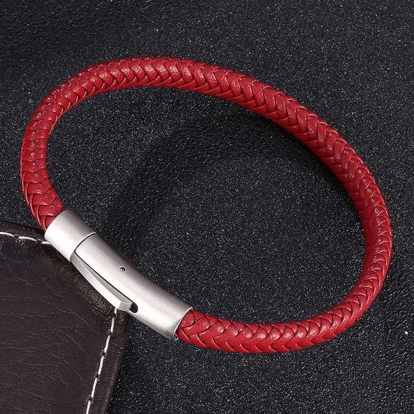 

charm bracelets fashion 6mm red leather braided simple jewelry stainless steel snaps accessories weave bangles gifts s0463, Golden;silver