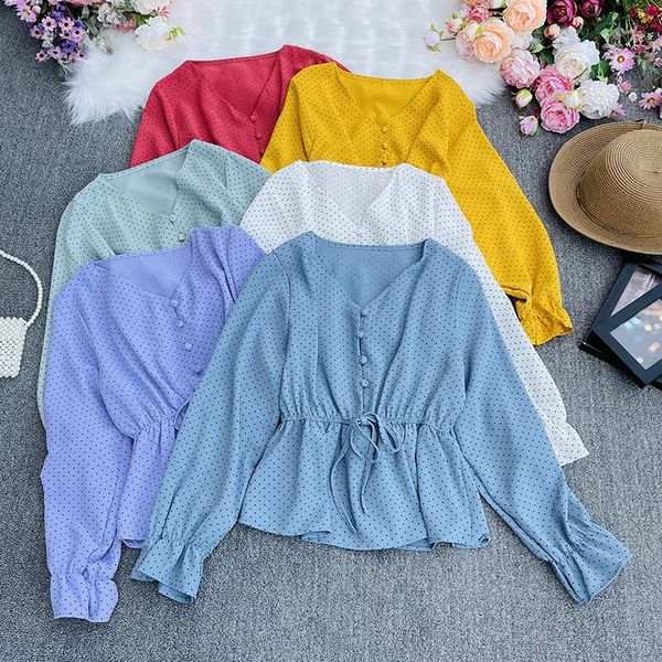 

women's blouses & shirts autumn shirt 2021 = academic v-neck horn sleeve student wave point long, White