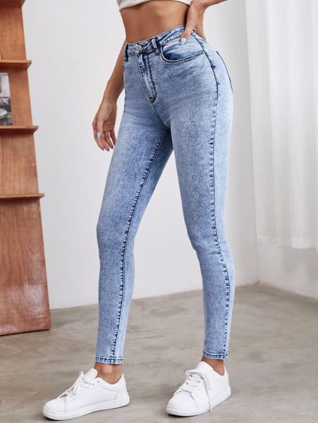 

high waist slant pocket skinny jeans 29vv#, Blue