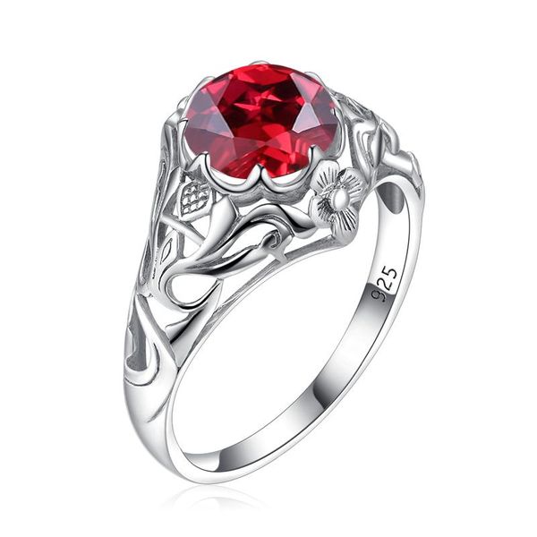 

cluster rings redwood red garnet wedding 925 silver jewelry for women vintage round stone bijou femme prong setting carve ringe gift, Golden;silver