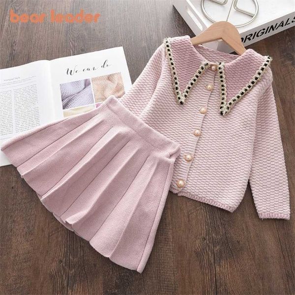 

bear leader girls baby winter knitted clothes sets fashion kids elegant plaid sweaters and skirt outfits princess knitwear 211025, White