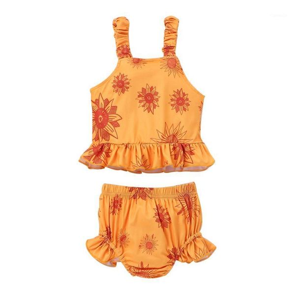

clothing sets baby girls 2pcs clothes set, orange floral printed pattern camisole and elastic high waist shorts, White
