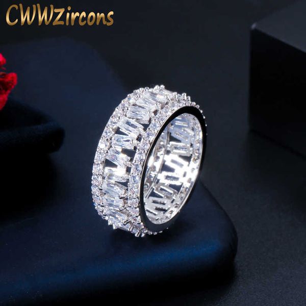 Na moda Sparkling White Baguette Cubic Zirconia Mulheres Elegantes Anel de noivado redondo para acessórios de casamento de festa R174 210714