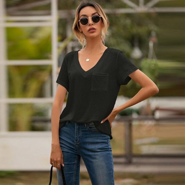 

women's t-shirt summer v-neck pocket casual loose short sleeve top, White
