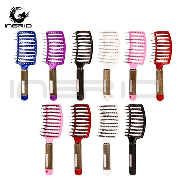 

large curved comb ribs boar bristle massage nine-row shape curly hair plastic smooth brushes, Silver