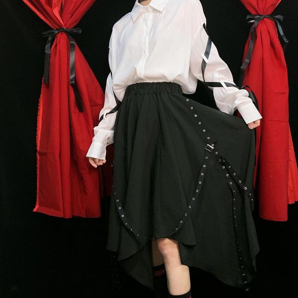 

skirts dark style autumn and winter irregular tied long section high waist skirt hard sister punk stretch female harajuku vintag, Black