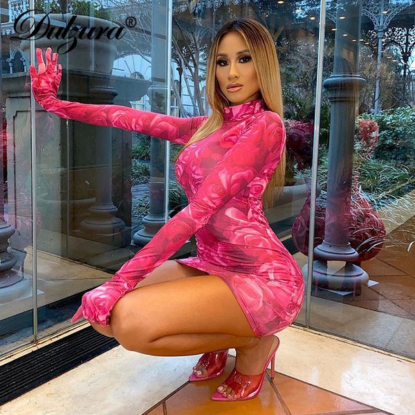 

floral print women mini dress long sleeve gloves bodycon bandage party 2021 summer clothes party club streetwear, Black;white