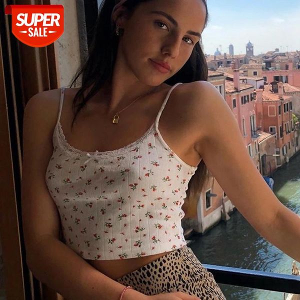

floral printed kintted spaghetti strap women white cute casual sleeveless camis tees patchwork lace crop #df6p