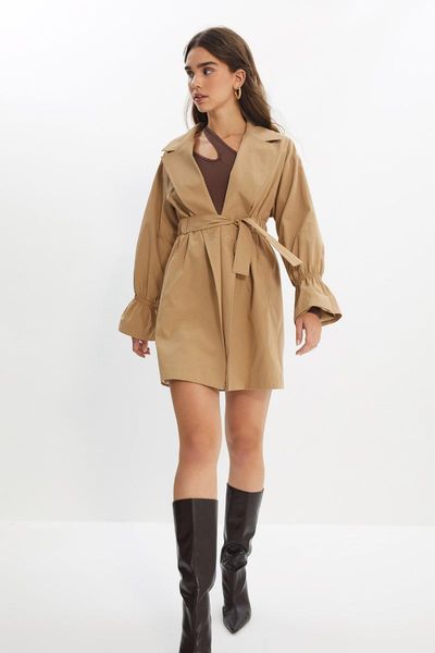 

women's trench coats trendyol arched twoaw22tr0009, Tan;black
