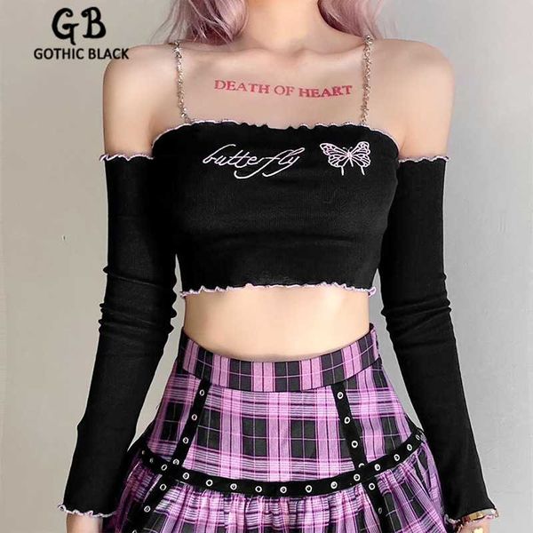 

gothblack off shoulder long sleeve tshirt women fashion slim embroidery knitted crop cihc casual spaghetti straps women's t-sh, White