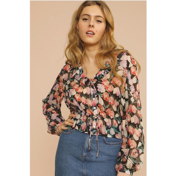 

women's blouses & shirts women blouse spring summer autumn long sleeve v-neck floral print prairie chic stunning fashion high street, White