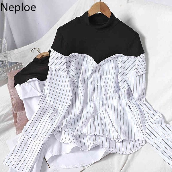 

neploe patchwork contrast color striped blouse women half turtleneck fake two shirts korean fashion all-match blouses 4g537 210422, White
