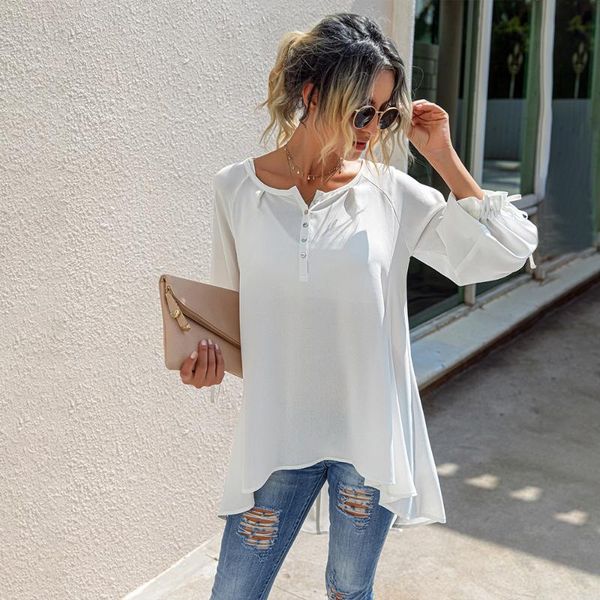 

women's blouses & shirts summer long sleeve casual irregular hem solid color blouse o neck button elegant lady drawstring shirt fall, White