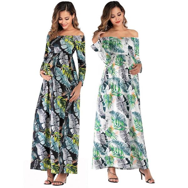

summer maternity dresses nursing breastfeeding women's pregnanty off shoulder long sleeve leaves print dress vestido, White