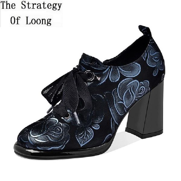 

dress shoes spring autumn fashion plus size 42 43 women genuine leather flowers print thick high heels pumps ladies lace-up 200104, Black