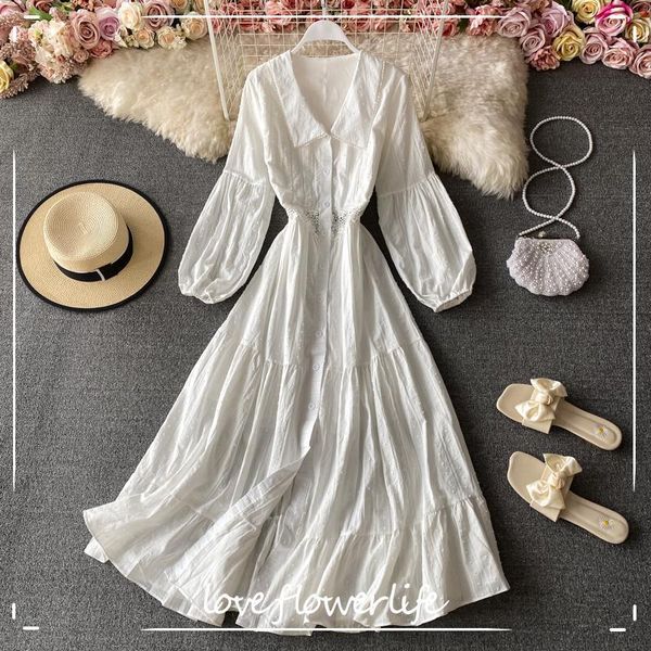 

lfl spring autumn elegant temperament lantern sleeve peter pan collar solid color dress collect waist comfort dress 210521, Black;gray