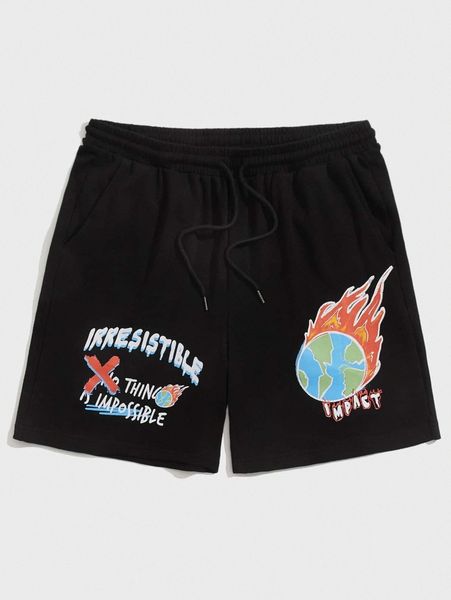 

men slogan & basketball graphic track shorts n9vs#, Black