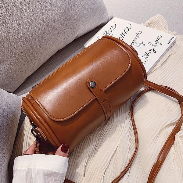 

cross body pu leather women designer handbags 2021 girls shoppers fashion casual vintage solid color cylindrical boston bags crossbody