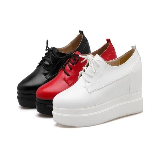 

women casual shoes fashion round toe lace up wedges female high heels platform vintage pumps height incrasing size 32-42 dress, Black