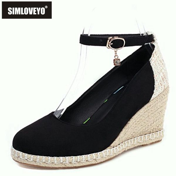 

spring patchwork pumps suede cover heel ankle buckle strap rattan wedges round toe 7.5cm size 30-44 green a4172 dress shoes, Black