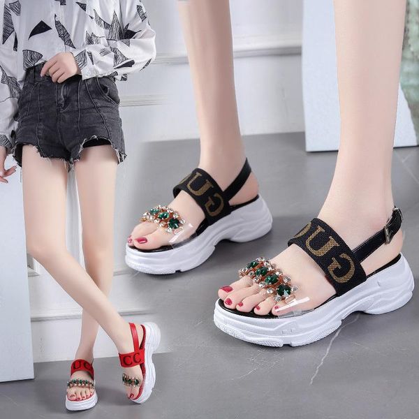 

women sandals 2021 summer shoes woman knitting breathable platform rhinestone pearl slippers, Black