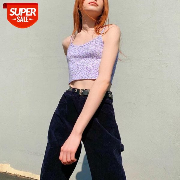 

spaghetti strap floral graphic cropped fashion printing backless purple camis chic summer cute tank #1w2u, White