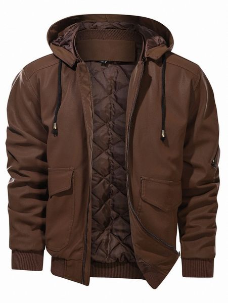 

men flap pocket zip up drawstring hooded pu jacket o17r#, Black;brown
