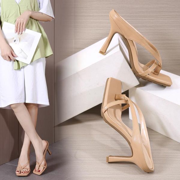 

sandals summer women square head thin heel flip flop shoes, Black